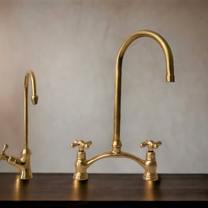 unlacquered solid brass kitchen faucet with sprayer , antique brass bridge v faucet, kitchen brass faucet, brass faucet + cold water faucet