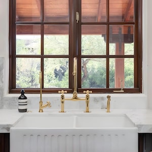 Handmade Unlacquered Brass Bridge sink Faucet, Antique Solid Brass water Faucets, Kitchen Faucet with dual handles for hot and cold water