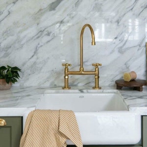 Vintage, Unlacquered Solid Brass Kitchen Faucet, Solid Brass 8&quot; Bridge Faucet with Cross Handles and Straight Long Legs