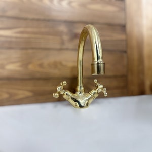 Unlacquered  Brass Single Hole Bathroom vanity Faucet, Vintage Cross Handle Faucet, Sink Faucet, Brass Faucet, Vanity Faucet, Bath Faucet