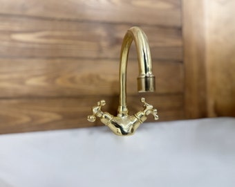 Unlacquered Solid Brass Single Hole Bathroom Faucet, Vintage Cross Handle Faucet, Sink Faucet, Brass Faucet, Vanity Faucet, Bath Faucet, Tap