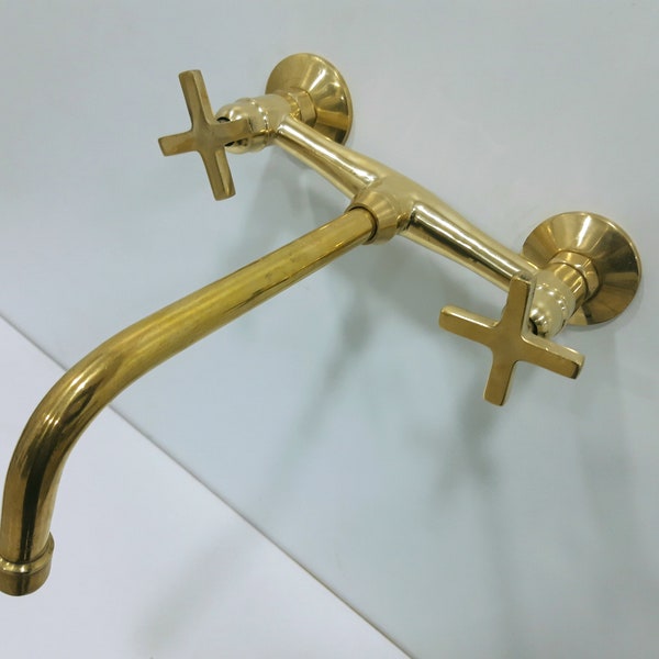 Wall Mount Unlacquered Brass Faucet, Exposed Brass Sink Faucet, Wall Mounted Basin Tub filler, Brass Bathtub Mixer Hot and Cold Tap