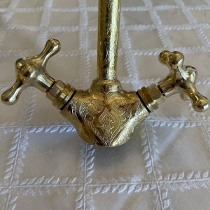 unlacquered brass bathroom faucet, engraved brass faucet, bathroom faucet with gooseneck spout, bathroom dual handles faucet