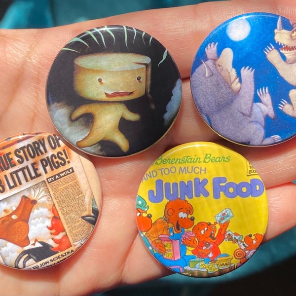 90s Millennial Kids Books 1.5" Pinback Buttons Set School Book Fair Nostalgia Stinky Cheese Man Berenstain Bears 3 Little Pigs Wild Things