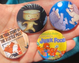 90s Millennial Kids Books 1.5" Pinback Buttons Set School Book Fair Nostalgia Stinky Cheese Man Berenstain Bears 3 Little Pigs Wild Things