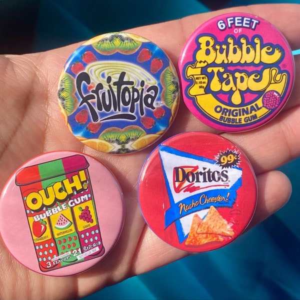 90's Snacks 1.5" Metal Pinback Buttons Bubble Tape Ouch Bubblegum Fruitopia Millennial Nostalgia Pins Set Stocking Stuffers