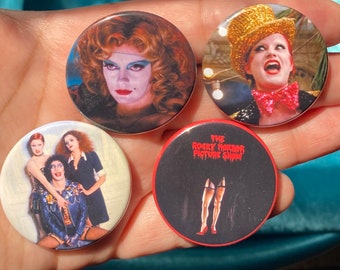 70s Rocky Horror 1.5" Metal Pinback Buttons Set Cult Classic Picture Show Musical Pins Gen-X Nostalgia Janet Frank-n-Furter Columbia