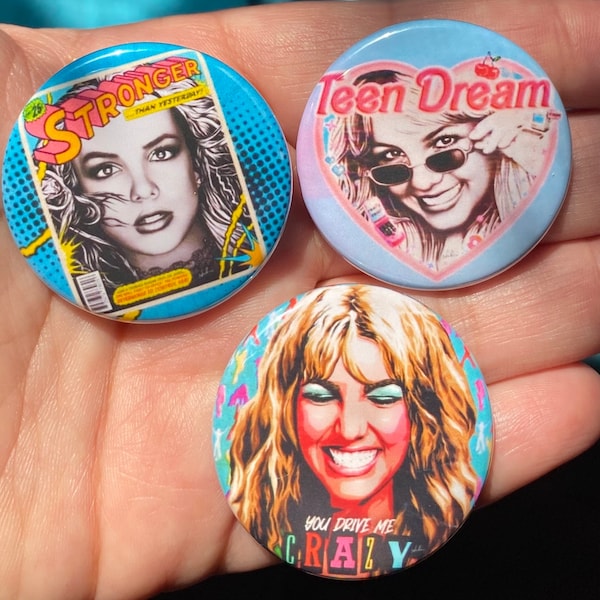 90s Britney 1.5" Metal Pinback Buttons Set Nostalgia Color Pop Art Teen Pop Queen Brit Spears Girly Icon Gift Pins