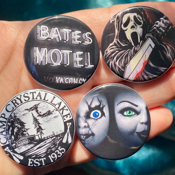 Cult Classic Horror Movies Pin Set 1.5" Metal Pinback Buttons Camp Crystal Lake Bates Motel Chucky Tiffany Ghostface Millennial Gen-X Scary