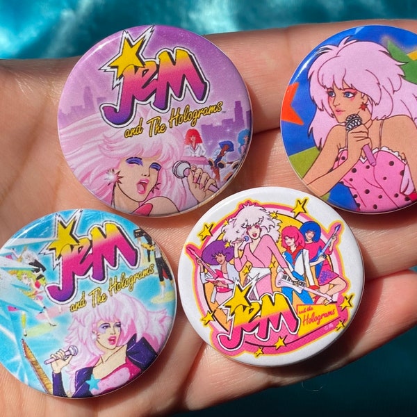 Gen-X Cartoon Jem 1.5" Metal Pinback Buttons Set 80s Jem and the Holographs Retro Nostalgia Kids TV Show Truly Outrageous Pins