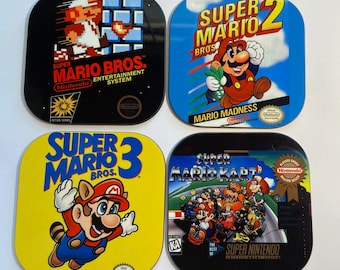 Vintage Style Gamer 80s 90s Super Mario Bros Games Hardboard Coaster Set Retro Video Game Gen-X Millennial Coasters