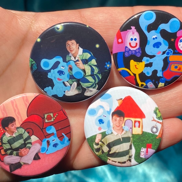 90s Blues Clues 1.5" Metal Pinback Buttons Set Steve and Blue Millennial Kid TV Show Nostalgia Nick Toons