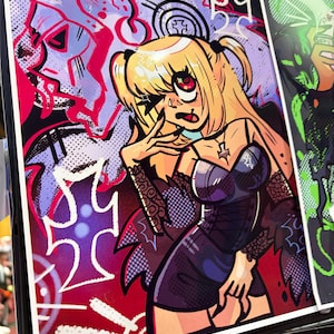 May include: A vibrant digital illustration featuring a blonde character with twin tails, wearing a dark corset-style top and lace sleeves. The background is filled with graffiti-style elements, including purple and pink shapes and white cross symbols.