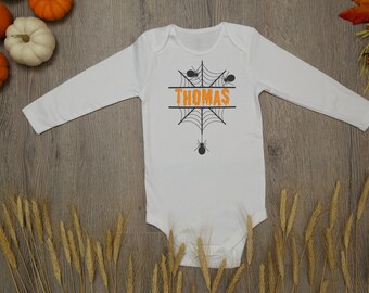 Personalized Halloween Baby Outfit, Embroidered Spider Web Bodysuit