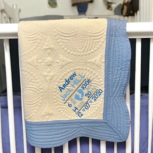 Couverture pour bébé avec statistiques de naissance ; Couverture brodée pour bébé garçon ou bébé fille ; Couverture de couette pour bébé avec prénom personnalisé ; Cadeau baby shower