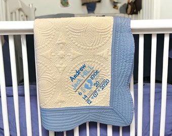 Birth Stats Baby Blanket; Embroidered Baby Boy or Baby Girl Blanket; Personalized Name Keepsake Baby Quilt Blanket;  Baby Shower Gift