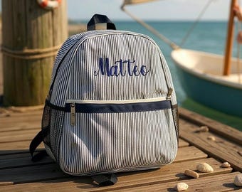 Personalized Embroidered Backpack; Name or Monogrammed Backpack; Custom School/Daycare Bag; Toddler and Preschooler Seersucker Backpack