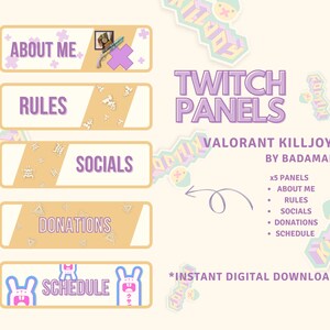 May include: Five Twitch panel designs featuring a Valorant Killjoy theme. The panels are in a light yellow color with purple text and various graphics. The panels include: About Me, Rules, Socials, Donations, and Schedule. The text "Valorant Killjoy by Badamai" is also included.