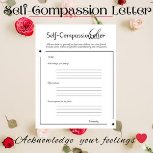 Carta de autocompasión, Ansiedad, Salud mental, Terapia, Herramienta de autoayuda, Material imprimible de salud mental, Hoja de trabajo de autoayuda