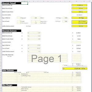 May include: A spreadsheet with a materials takeoff and labor estimate for a construction project. The spreadsheet includes a list of materials, quantities, and costs. The total cost of the project is $61,316.95.