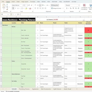 May include: A spreadsheet with a list of plumbing fixtures for a residence. The spreadsheet includes columns for location, what, quantity, name, model, finish, and notes. The spreadsheet is color-coded to indicate the status of each fixture.
