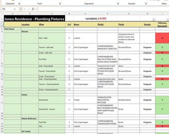 Puede incluir: Una hoja de cálculo con una lista de accesorios de plomería para una residencia. La hoja de cálculo incluye columnas para la ubicación, qué, cantidad, nombre, modelo, acabado y notas. La hoja de cálculo está codificada por colores para indicar el estado de cada accesorio.