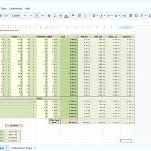 May include: A spreadsheet with the title "Concrete Takeoff" showing a breakdown of concrete needed for a project. The spreadsheet includes columns for width, length, thickness, height, total, with 5%, with 10%, with 15%, and with 20%.