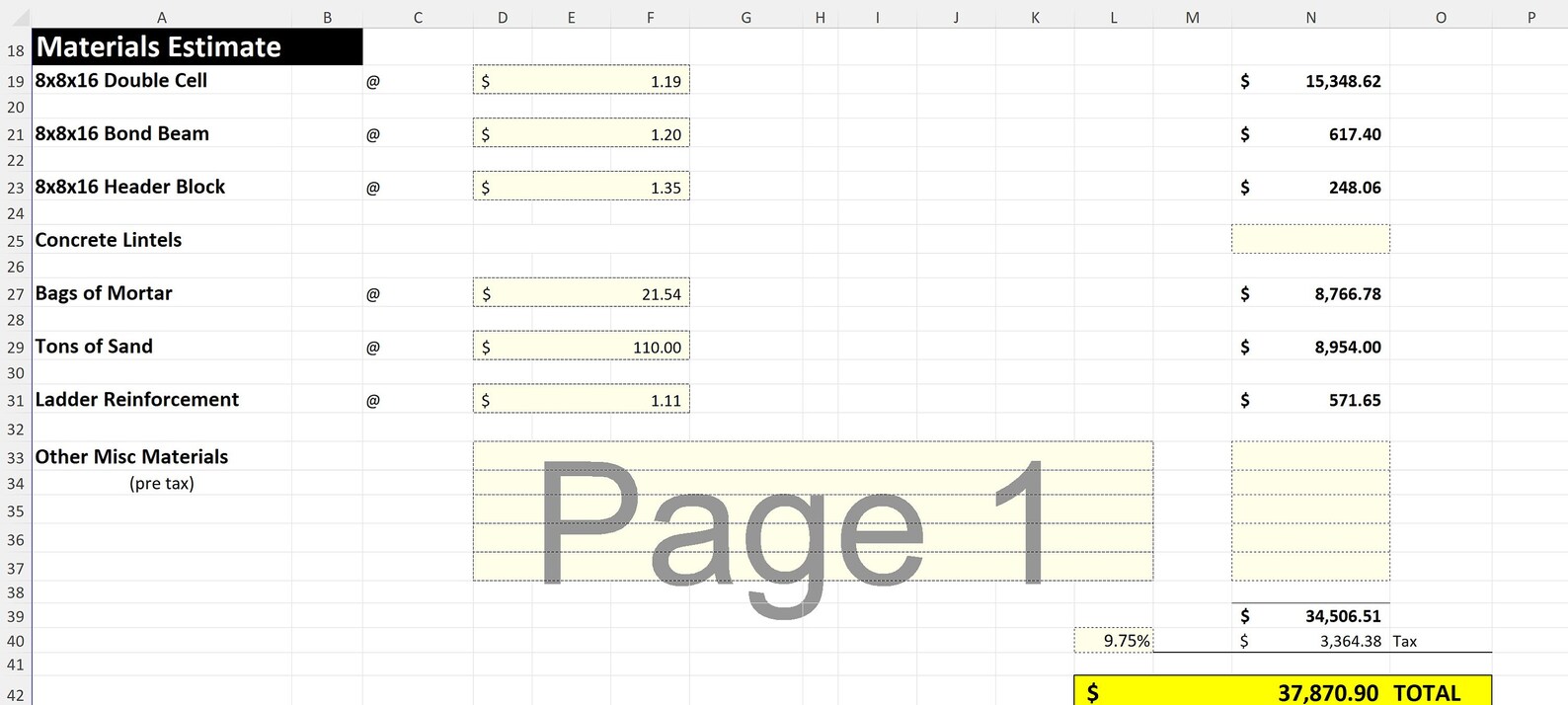 Block Takeoff | CMU Estimate Spreadsheet - Etsy