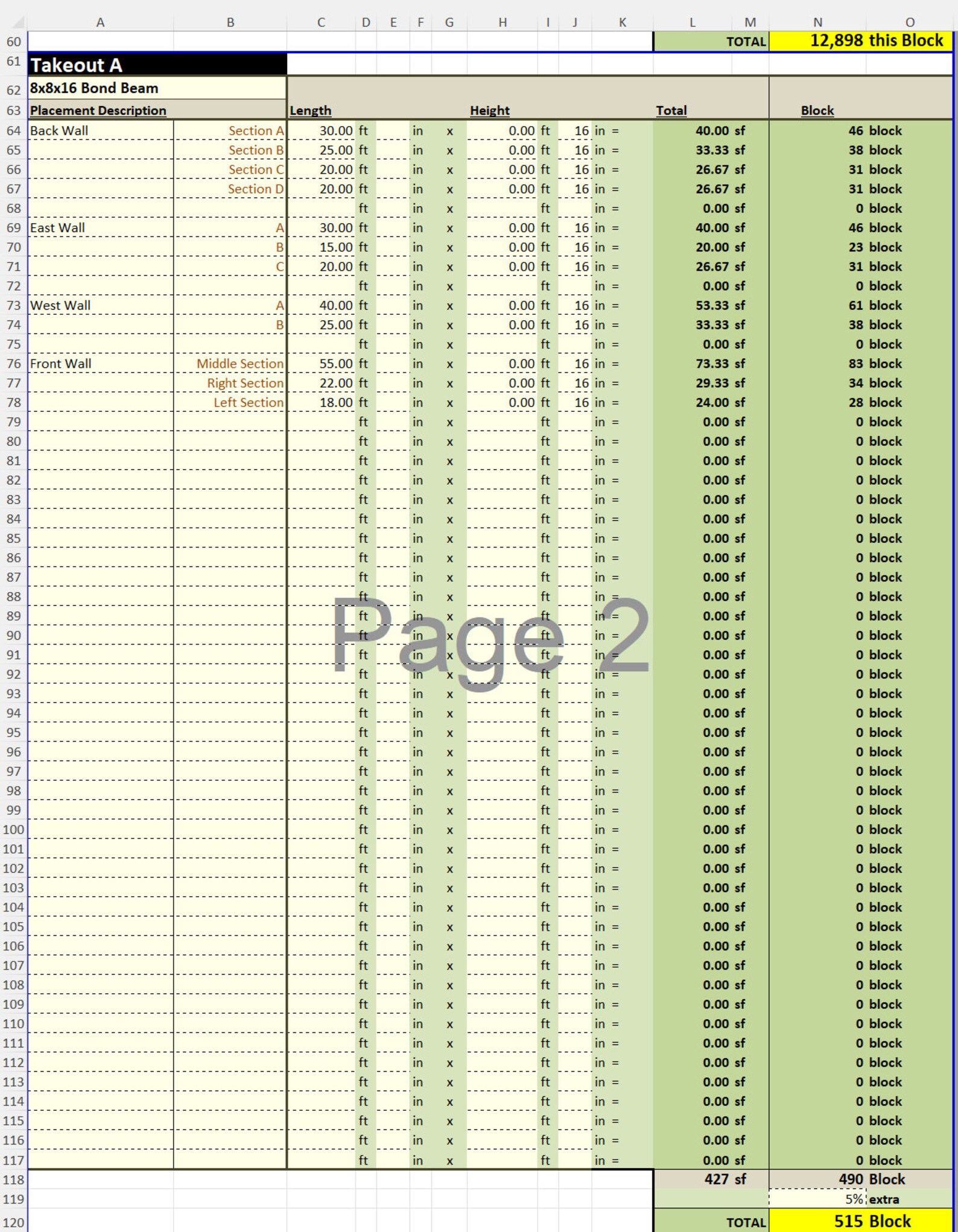 Block Takeoff | CMU Estimate Spreadsheet - Etsy
