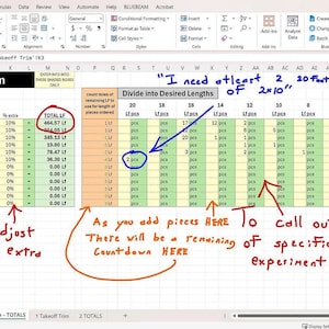Puede incluir: Una hoja de cálculo con cálculos para molduras exteriores, incluyendo los pies lineales totales y las longitudes deseadas. Notas manuscritas resaltan áreas clave como el ajuste de porcentajes y la solicitud de pedidos. El texto "I need otleart 2 of 2x10" es visible.