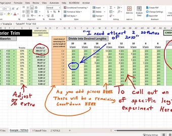 May include: A spreadsheet with calculations for exterior trim, including total linear feet and desired lengths. Handwritten notes highlight key areas like adjusting percentages and calling out orders. The text "I need otleart 2 of 2x10" is visible.