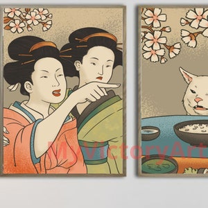 Cat meme poster,Set of 2 prints,funny poster, Japanese Wall Art, Digital download image 3
