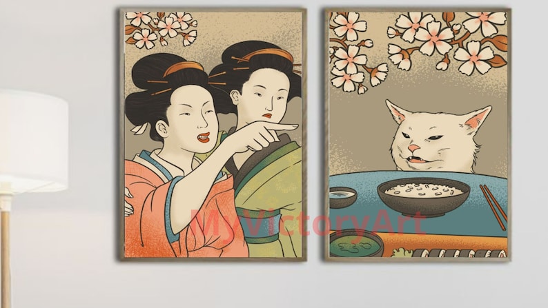 Cat meme poster,Set of 2 prints,funny poster, Japanese Wall Art, Digital download image 3