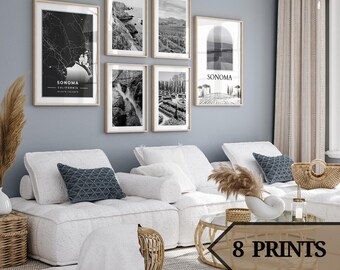 Set of 8 black and white digital prints of sonoma county in california,Sonoma County wall art,sonoma poster,sonoma photo,sonoma map