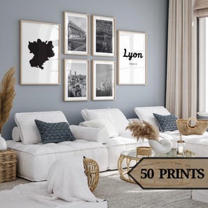 Lyon france poster,lyon france print,lyon france map,lyon wall art,black and white,set of 50.