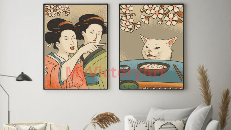 Cat meme poster,Set of 2 prints,funny poster, Japanese Wall Art, Digital download image 6