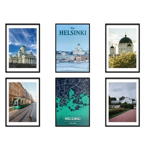 Plakat podróżniczy do Helsinek, grafika ścienna w Helsinkach, nadruk w Helsinkach, mapa Helsinek, wydruk podróżny w Helsinkach, sztuka w Helsinkach, zestaw 6 odbitek.