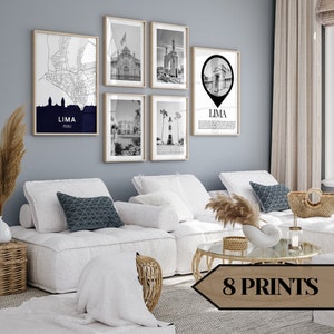 Lima poster, lima print, lima wall art, lima photography, lima map, lima peru, lima city set of 8 black and white prints.