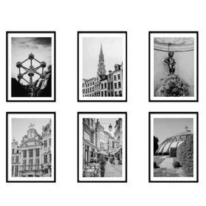 Bruksela Belgia czarno-białe zdjęcie 6-częściowa sztuka ścienna, Bruksela Belgia zestaw 6 wydruków, podróże Digital Download Gallery plakaty