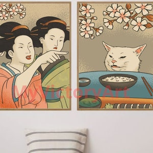 Cat meme poster,Set of 2 prints,funny poster, Japanese Wall Art, Digital download image 5