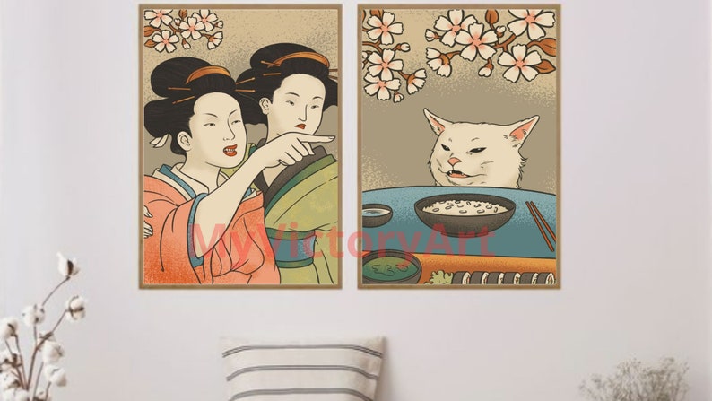 Cat meme poster,Set of 2 prints,funny poster, Japanese Wall Art, Digital download image 5