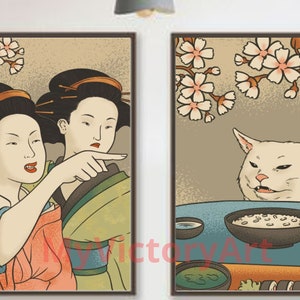 Cat meme poster,Set of 2 prints,funny poster, Japanese Wall Art, Digital download image 2