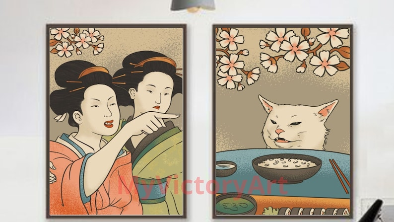Cat meme poster,Set of 2 prints,funny poster, Japanese Wall Art, Digital download image 2