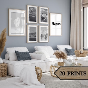 Ensemble de 20 impressions d'art mural Naxos, affiches vintage noir et blanc de Naxos, carte de Naxos, Grèce.