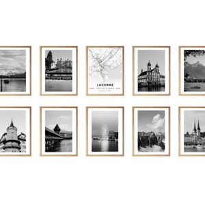 Puede incluir: Un conjunto de diez fotografías en blanco y negro enmarcadas de varios monumentos de Lucerna, Suiza. Las fotos incluyen una vista de la ciudad desde el lago, el puente de la capilla, la torre del agua, la iglesia jesuita y las montañas.