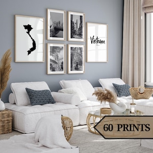 Satz mit 60 Schwarzweißdrucken von Vietnam, Vietnam-Wandkunst, Vietnam-Fotografie, Vietnam-Poster, Vietnam-Karte, Asien.