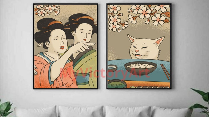 Cat meme poster,Set of 2 prints,funny poster, Japanese Wall Art, Digital download image 7