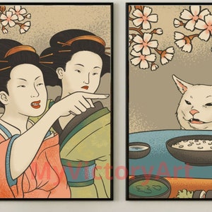 Cat meme poster,Set of 2 prints,funny poster, Japanese Wall Art, Digital download image 1