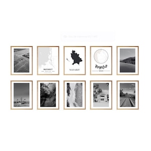 Könnte beinhalten: Eine Collage aus zehn Schwarzweiß-Fotos in Rahmen, jedes mit einem anderen Bild. Die Rahmen sind alle gleich groß und geformt und in einem Raster angeordnet. Die Bilder beinhalten eine Landschaft, eine Stadtansicht, ein Porträt und ein abstraktes Design.