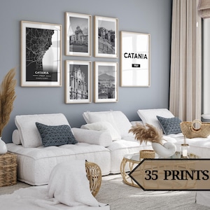 Lot de 35 affiches Catane en blanc et noir, Collection de timbres Catane, Décoration pour murs de style moderne.